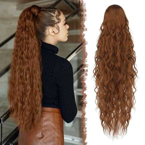 Long Curly Wavy Synthetic Ponytail Extension Light Auburn 26-inch main image 5